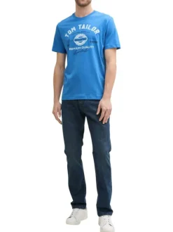 T-shirt en coton bleu à col rond avec un gros imprimé à l'avant