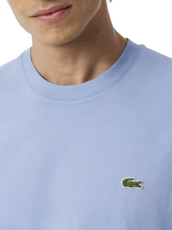 T-shirt en coton bleu à coupe droite pourvu d'un col rond côtelé