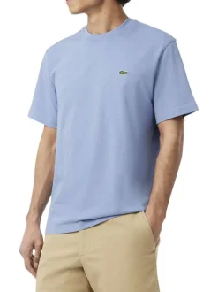 T-shirt en coton bleu à coupe droite pourvu d'un col rond côtelé