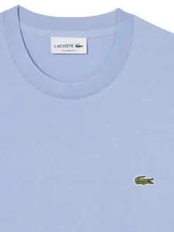 T-shirt en coton bleu à coupe droite pourvu d'un col rond côtelé