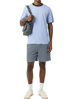 T-shirt en coton bleu à coupe droite pourvu d'un col rond côtelé