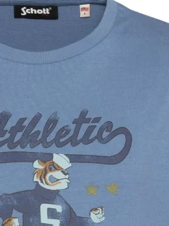 T-shirt en coton bleu à coupe droite pourvu d'un col rond et de manches courtes