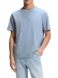 T-shirt en coton bleu à coupe droite pourvu d'un col rond lisse