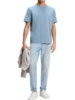 T-shirt en coton bleu à coupe droite pourvu d'un col rond lisse