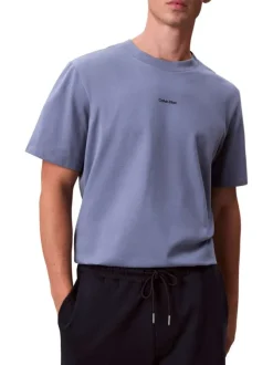 T-shirt en coton bleu à coupe droite pourvu d'un col rond ras de cou