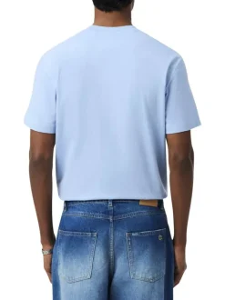 T-shirt en coton bleu à coupe droite pourvu d'un col rond texturé