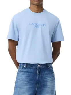 T-shirt en coton bleu à coupe droite pourvu d'un col rond texturé
