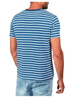 T-shirt en coton bleu et blanc rayé avec une coupe droite et un col rond