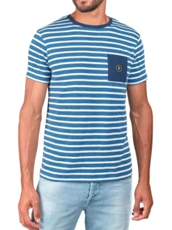 T-shirt en coton bleu et blanc rayé avec une coupe droite et un col rond
