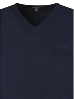 T-shirt en coton bleu foncé à coupe droite pourvu d'un col v
