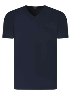 T-shirt en coton bleu foncé à coupe droite pourvu d'un col v