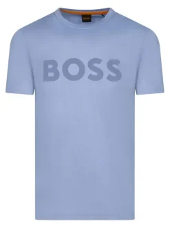 T-shirt en coton bleu imprimé avec une coupe droite et nom iconique