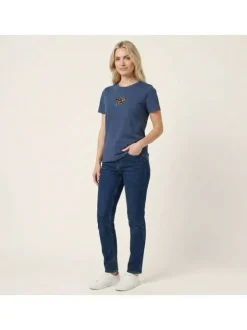 T-shirt en coton bleu à imprimé avec une coupe droite et un col rond