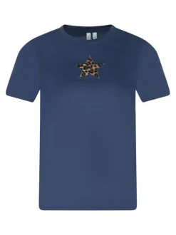 T-shirt en coton bleu à imprimé avec une coupe droite et un col rond