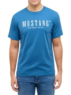 T-shirt en coton bleu à imprimé avec une coupe droite et un col rond