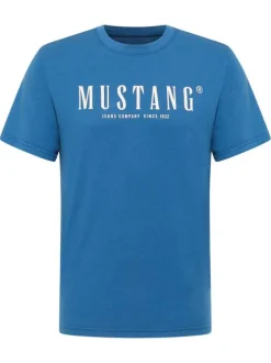 T-shirt en coton bleu à imprimé avec une coupe droite et un col rond