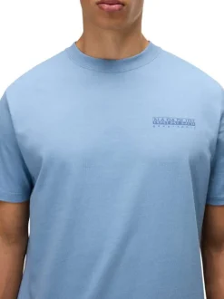 T-shirt en coton bleu imprimé avec une coupe droite et un col rond