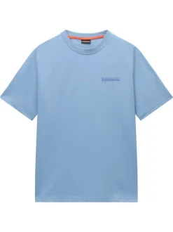 T-shirt en coton bleu imprimé avec une coupe droite et un col rond