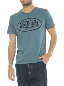 T-shirt en coton bleu imprimé avec une coupe droite et un col v