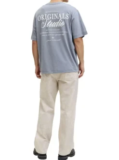 T-shirt en coton bleu imprimé à coupe droite pourvu d'un col rond