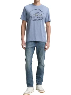 T-shirt en coton bleu imprimé à la poitrine avec de fines rayures et un col rond