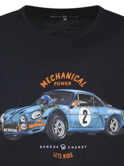 T-shirt en coton bleu marine avec une voiture imprimée et un col rond