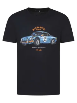 T-shirt en coton bleu marine avec une voiture imprimée et un col rond