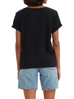 T-shirt en coton bleu marine chiné à coupe droite avec un col rond