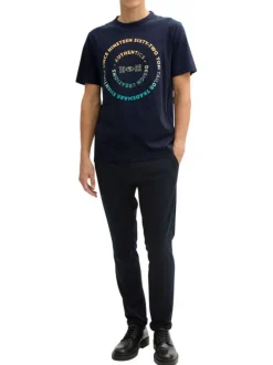 T-shirt en coton bleu marine à col rond avec un gros imprimé coloré à l'avant
