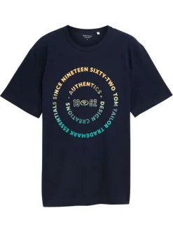 T-shirt en coton bleu marine à col rond avec un gros imprimé coloré à l'avant