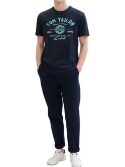 T-shirt en coton bleu marine à col rond avec un gros imprimé à l'avant