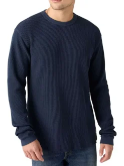 T-shirt en coton bleu marine en maille gaufrée avec un col rond