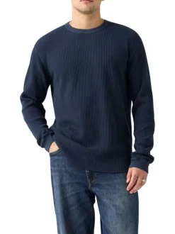 T-shirt en coton bleu marine en maille gaufrée avec un col rond