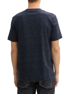 T-shirt en coton bleu marine à fines rayures avec un col rond et un gros imprimé