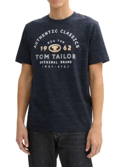 T-shirt en coton bleu marine à fines rayures avec un col rond et un gros imprimé