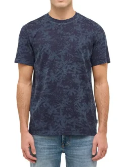 T-shirt en coton bleu marine à imprimé all-over palmiers et à col rond