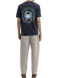 T-shirt en coton bleu marine imprimé avec un col rond et des manches courtes