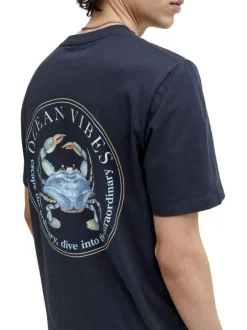 T-shirt en coton bleu marine imprimé avec un col rond et des manches courtes