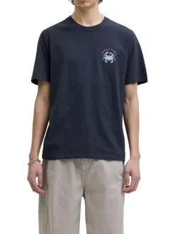 T-shirt en coton bleu marine imprimé avec un col rond et des manches courtes