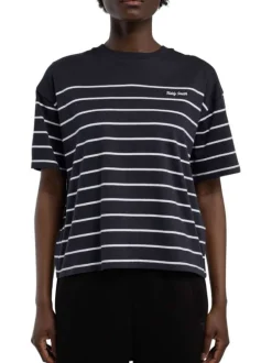 T-shirt en coton bleu marine rayé à col rond avec le nom de la marque