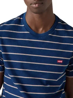 T-shirt en coton bleu marine à rayures avec un col rond et le logo brodé