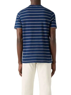 T-shirt en coton bleu marine à rayures avec un col rond et le logo brodé
