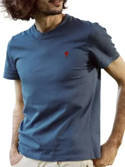 T-shirt en coton bleu marine uni avec une coupe droite et un col rond