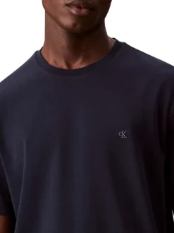 T-shirt en coton bleu marine uni à col rond avec le mini logo brodé