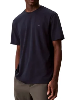 T-shirt en coton bleu marine uni à col rond avec le mini logo brodé