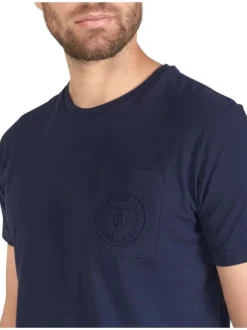T-shirt en coton bleu marine uni à col rond avec une petite poche à la poitrine