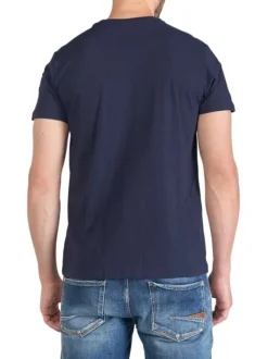T-shirt en coton bleu marine uni à col rond avec une petite poche à la poitrine