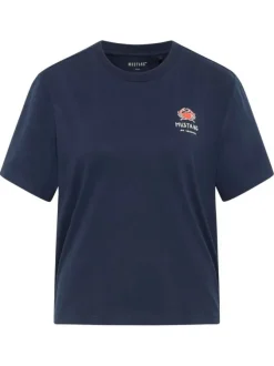 T-shirt en coton bleu marine uni à col rond avec un petit crabe imprimé