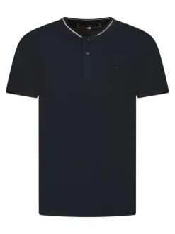 T-shirt en coton bleu marine uni à col tunisien avec des liserés
