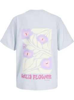 T-shirt en coton bleu à motifs imprimés pourvu d'une coupe droite